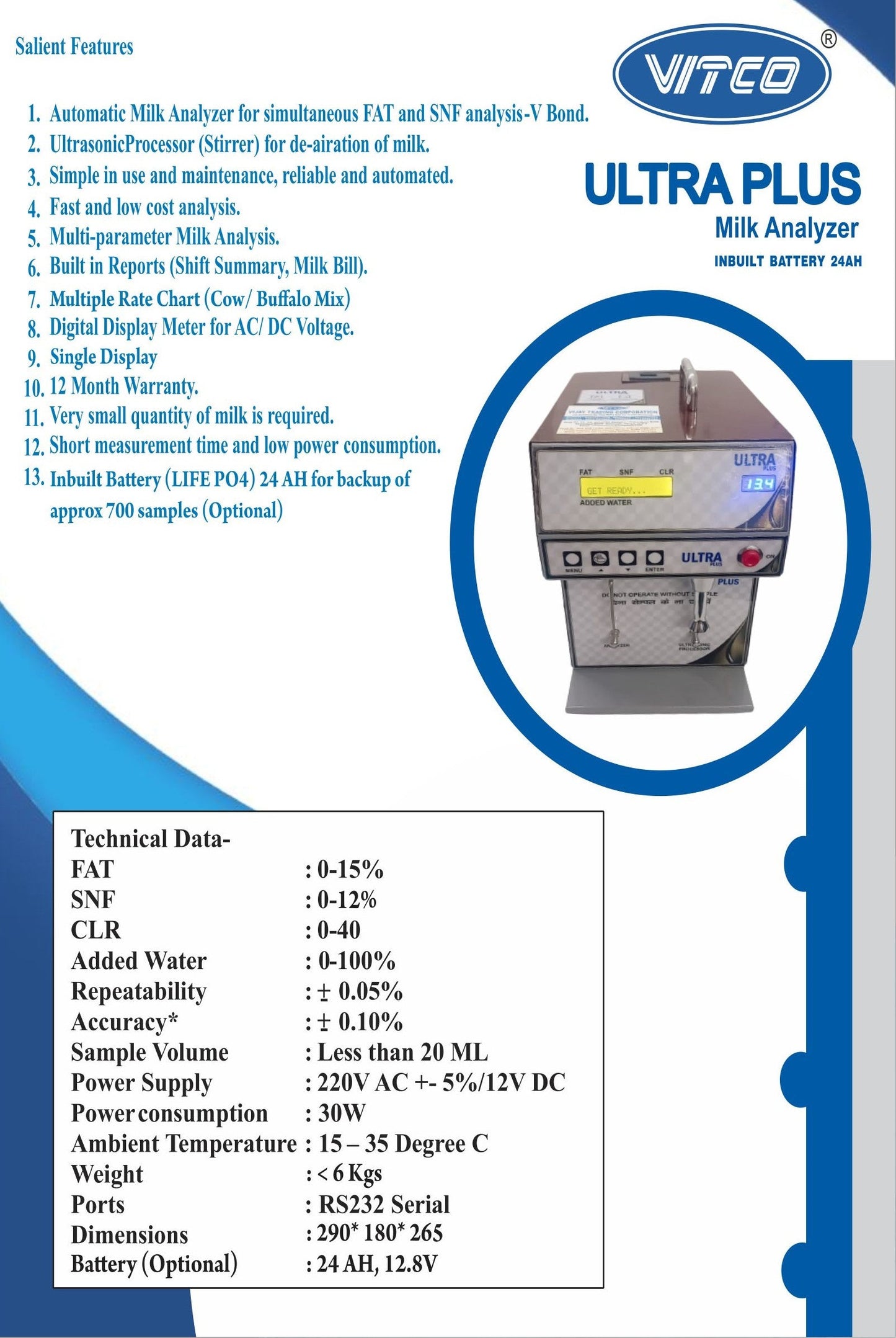 ULTRAPLUS IN BUILT BATTERY |  MILK ANALYZER